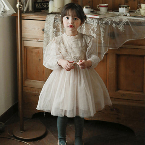 French Lantern Sleeve Tulle Dress For Children Girls