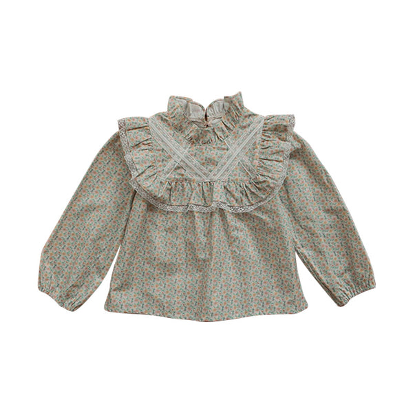 Children Girl Elegant Wood Ear Collar Floral Lady Blouse