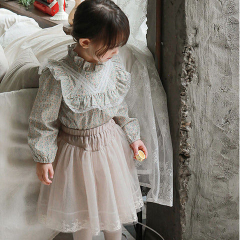 Children Girl Elegant Wood Ear Collar Floral Lady Blouse