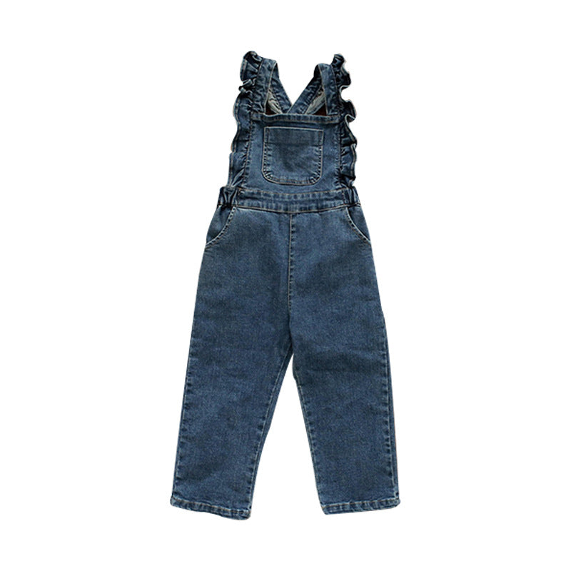 Children Girl Lotus Shoulder Denim Jumpsuit