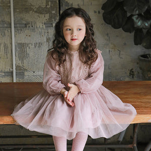 French Lantern Sleeve Tulle Dress For Children Girls