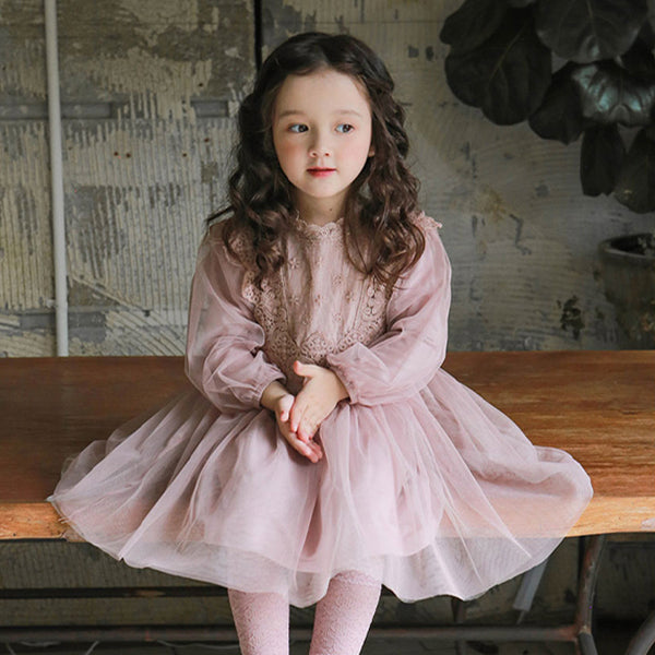 French Lantern Sleeve Tulle Dress For Children Girls