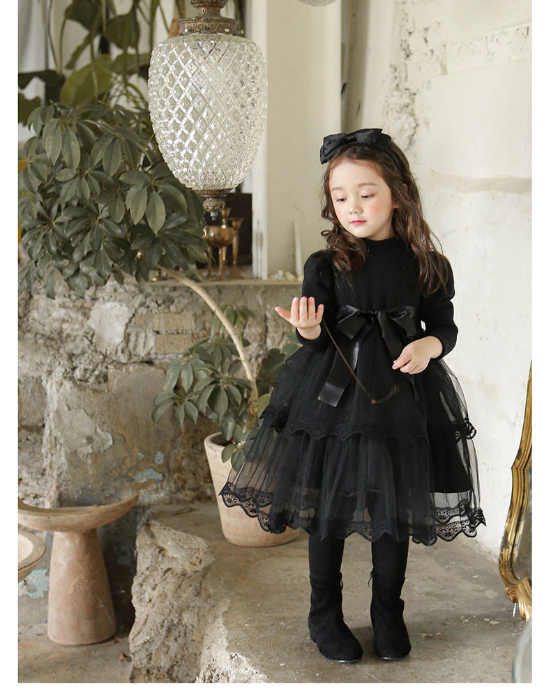 Girls Bow Thickened Plus Velvet Princess Dress